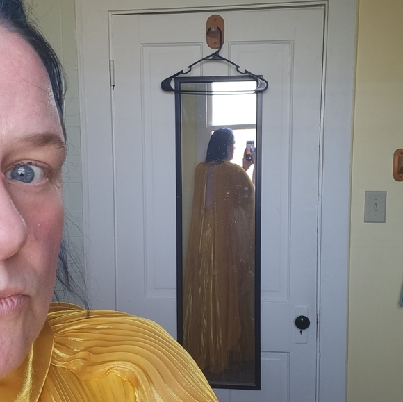 Gemy Maalouf Sz 14 Pleated Mustard Yellow Flowy Long Luxury Gown NEW WITH TAGS - Picture 7 of 12